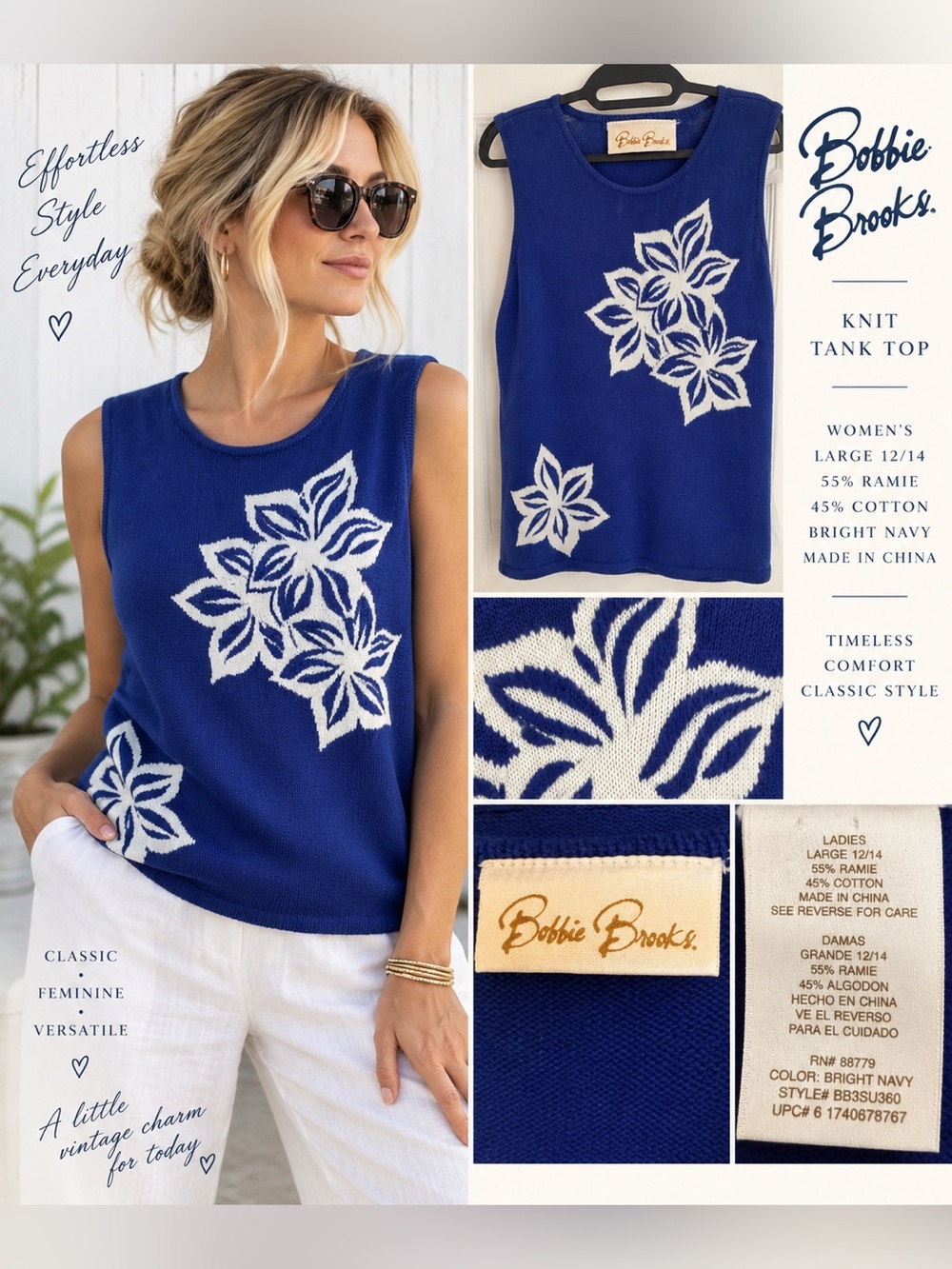 Bobbie Brooks Navy Floral Sleeveless Ramie Cotton Knit Top Women’s L 12/14 Coast